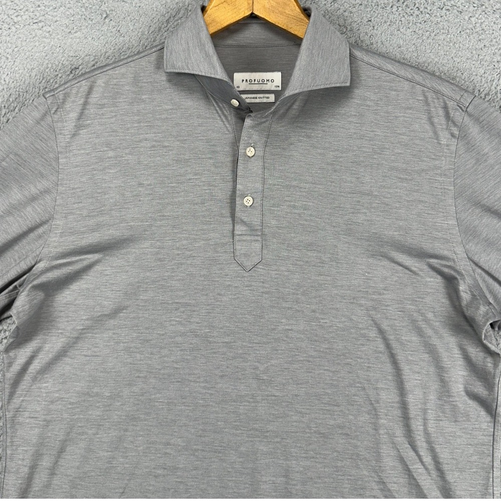 Profuomo Mens Polo Shirt 40 Gray Japanese Knitted Rugby Long Sleeve Barrel Cuff